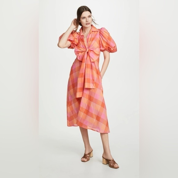 Silvia Tcherassi Perth Puff Sleeve GINGHAM A-LINE MIDI DRESS ORANGE CHECK sz Med - Picture 4 of 8
